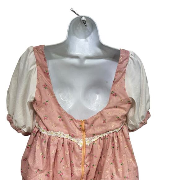 Vintage Pink Prairie Cottagecore Maxi Dress Floral Puff Sleeve Lace Handmade - Picture 6 of 7